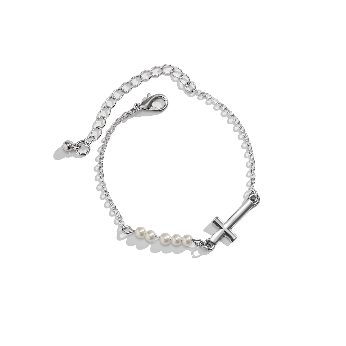 Pearl and Silver-Plated Cross Charm Bracelet, silver bracelet for women, elegant gift for her, styled look