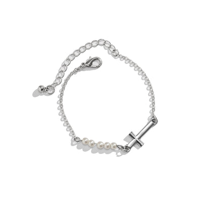 Pearl and Silver-Plated Cross Charm Bracelet, silver bracelet for women, elegant gift for her, styled look