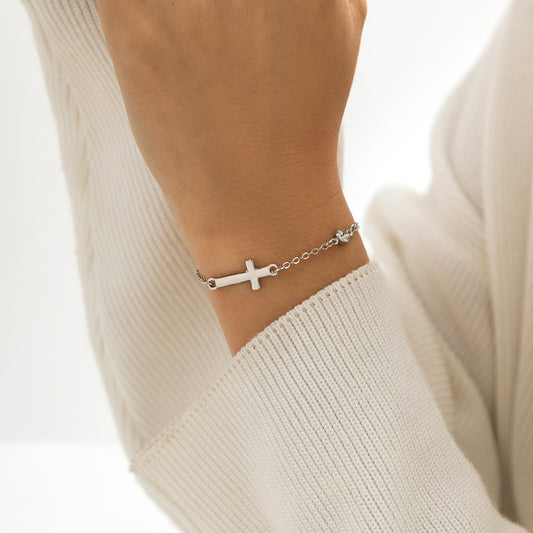 Cubic Zirconia and Silver-Plated Cross Charm Bracelet, silver bracelet for women, everyday style, front view