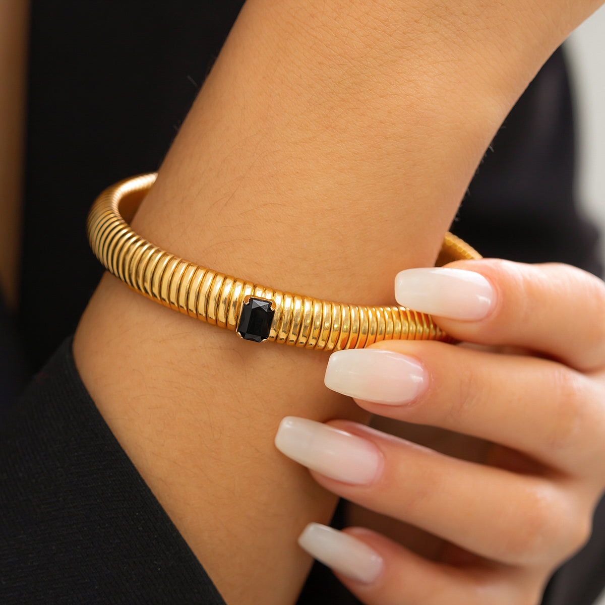 Black Crystal & 18K Gold-Plated Herringbone Bangle