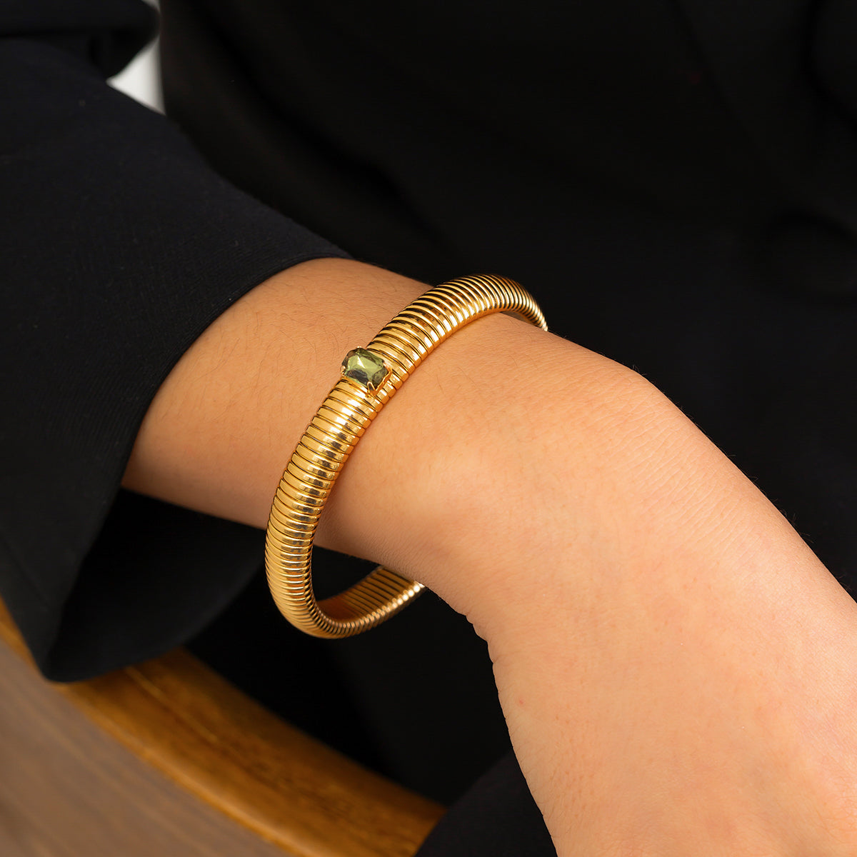Green Crystal & 18K Gold-Plated Herringbone Bangle
