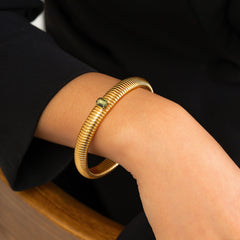 Green Crystal & 18K Gold-Plated Herringbone Bangle