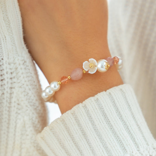 Pearl and Quartz 18K Gold-Plated Flower Beaded Charm Bracelet, gold bracelet for women, dainty minimalist design, front view