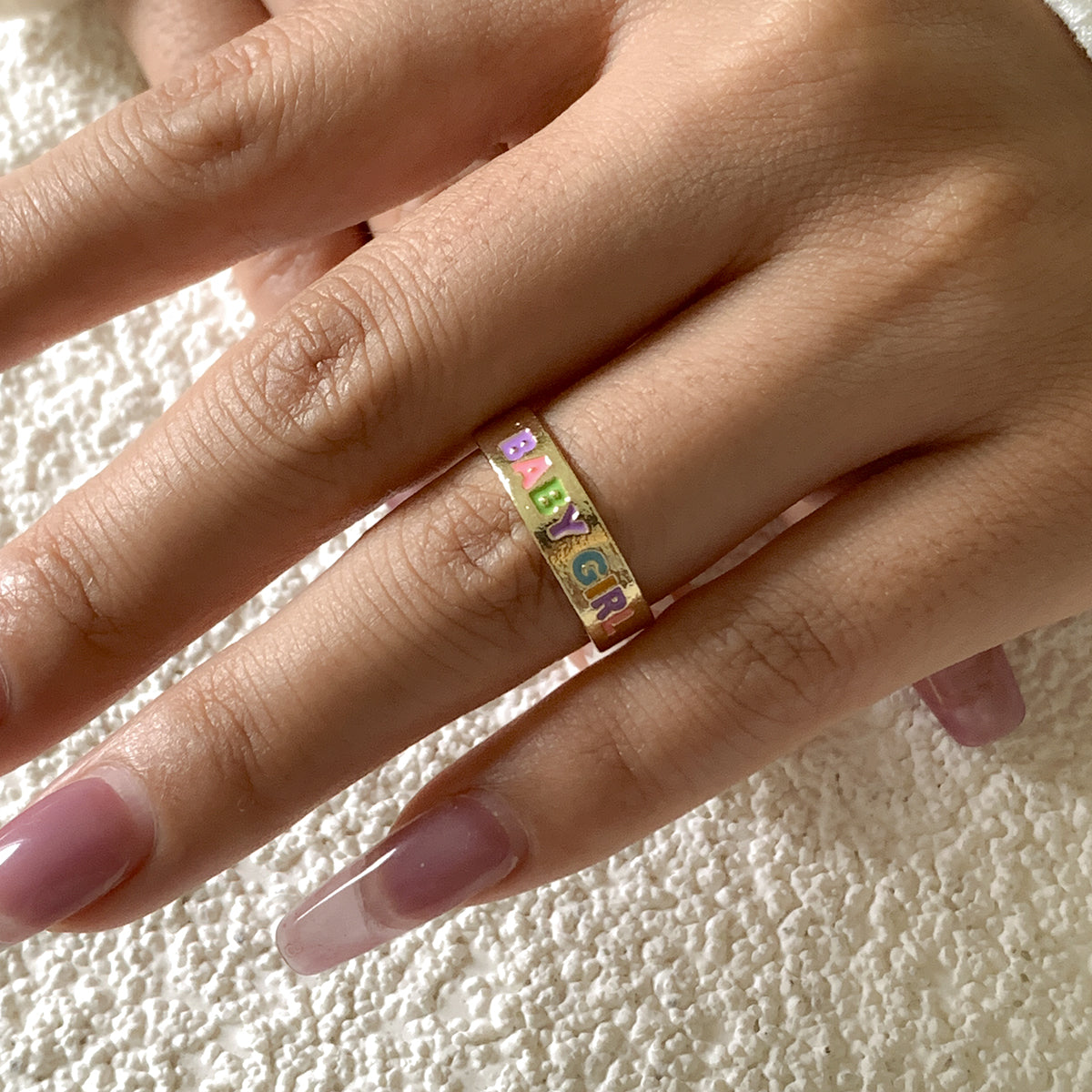 Enamel and 18K Gold-Plated 'Baby Girl' Ring, gold statement rings for women, elegant gift for her, front view