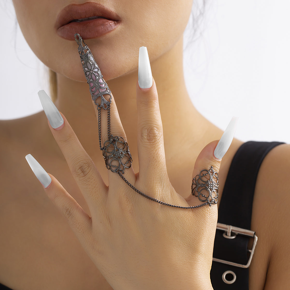 Black Filigree Triple-Finger Ring, statement rings for women, elegant gift for her, front view