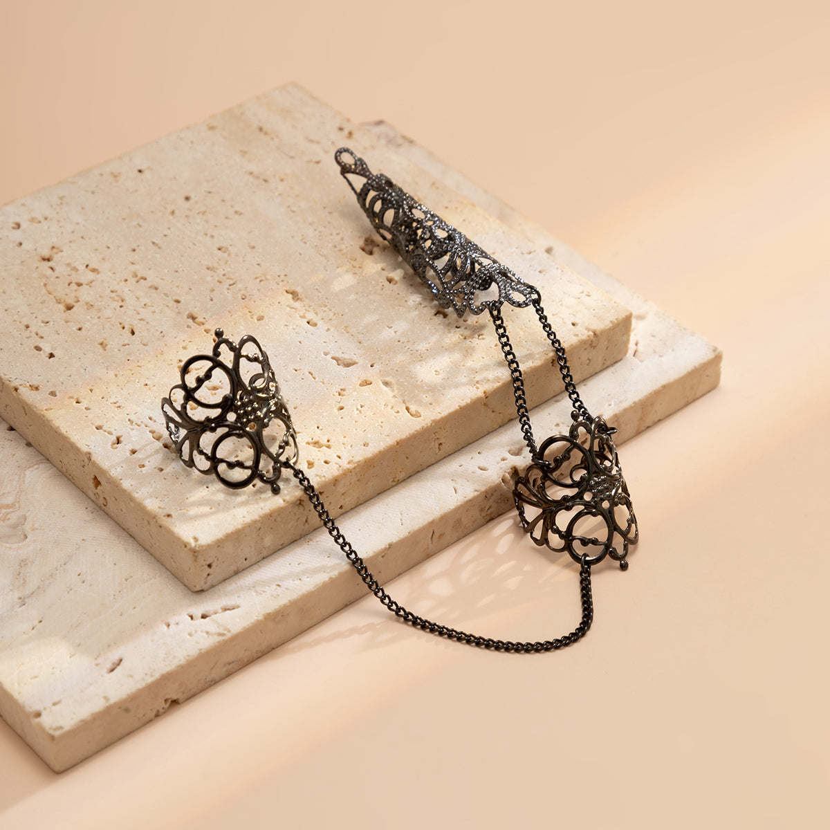 Black Filigree Triple-Finger Ring, statement rings for women, elegant gift for her, side view