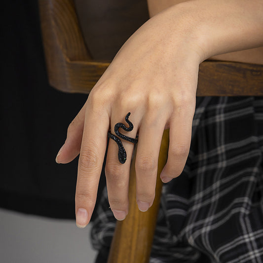 Black Textured Snake Bypass Ring, statement rings for women, vintage-inspired design, front view