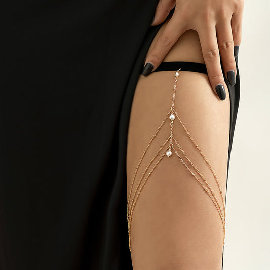 Pearl and 18K Gold-Plated Chevron Layered Leg Chain, gold pendant necklace for women, elegant gift for her, front view
