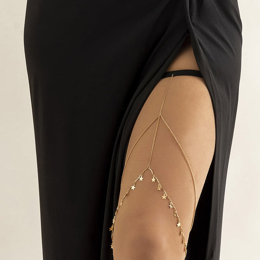 Nylon and 18K Gold-Plated Star Layered Leg Chain, gold pendant necklace for women, dainty minimalist design, front view