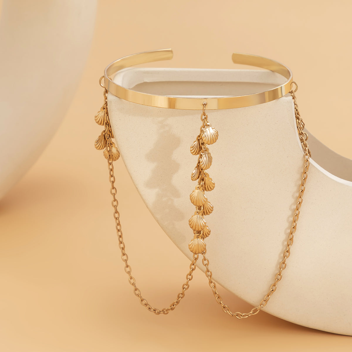 18K Gold-Plated Shell Tassel Arm Cuff, dainty minimalist design, detail close-up