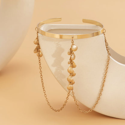18K Gold-Plated Shell Tassel Arm Cuff, dainty minimalist design, detail close-up