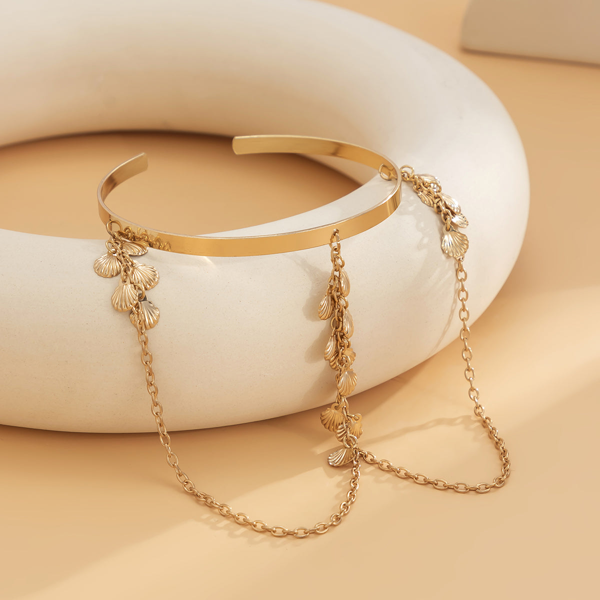18K Gold-Plated Shell Tassel Arm Cuff, dainty minimalist design, lifestyle look