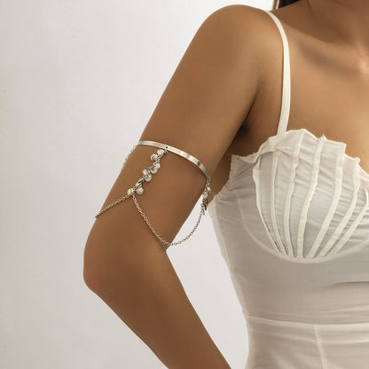 Silver-Plated Shell Tassel Arm Cuff, dainty minimalist design, front view
