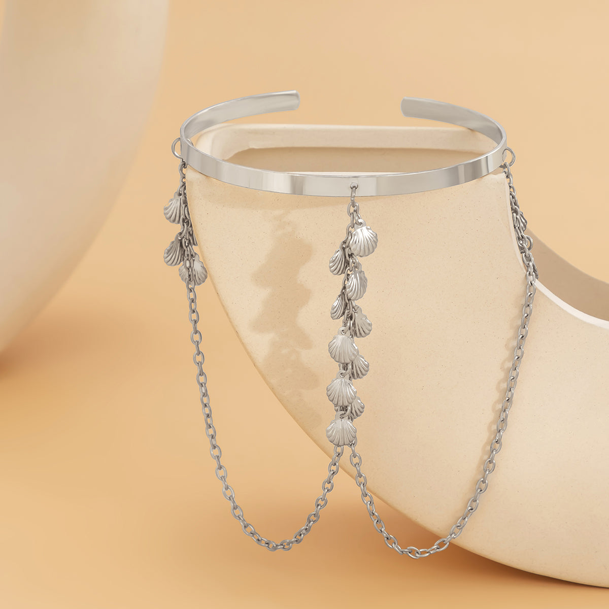 Silver-Plated Shell Tassel Arm Cuff, dainty minimalist design, side view