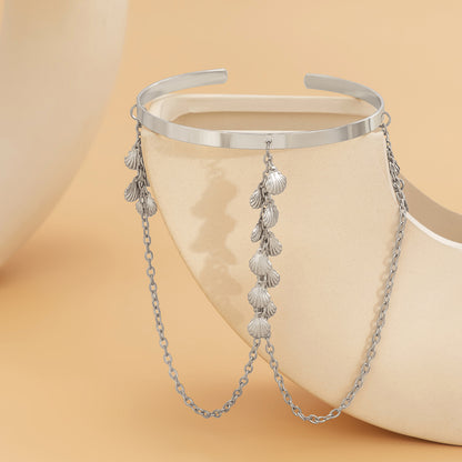 Silver-Plated Shell Tassel Arm Cuff, dainty minimalist design, side view