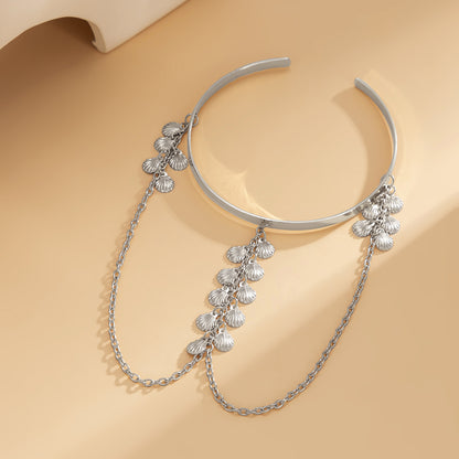 Silver-Plated Shell Tassel Arm Cuff, dainty minimalist design, detail close-up