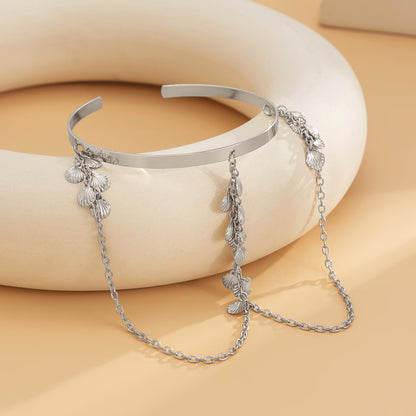 Silver-Plated Shell Tassel Arm Cuff, dainty minimalist design, lifestyle look