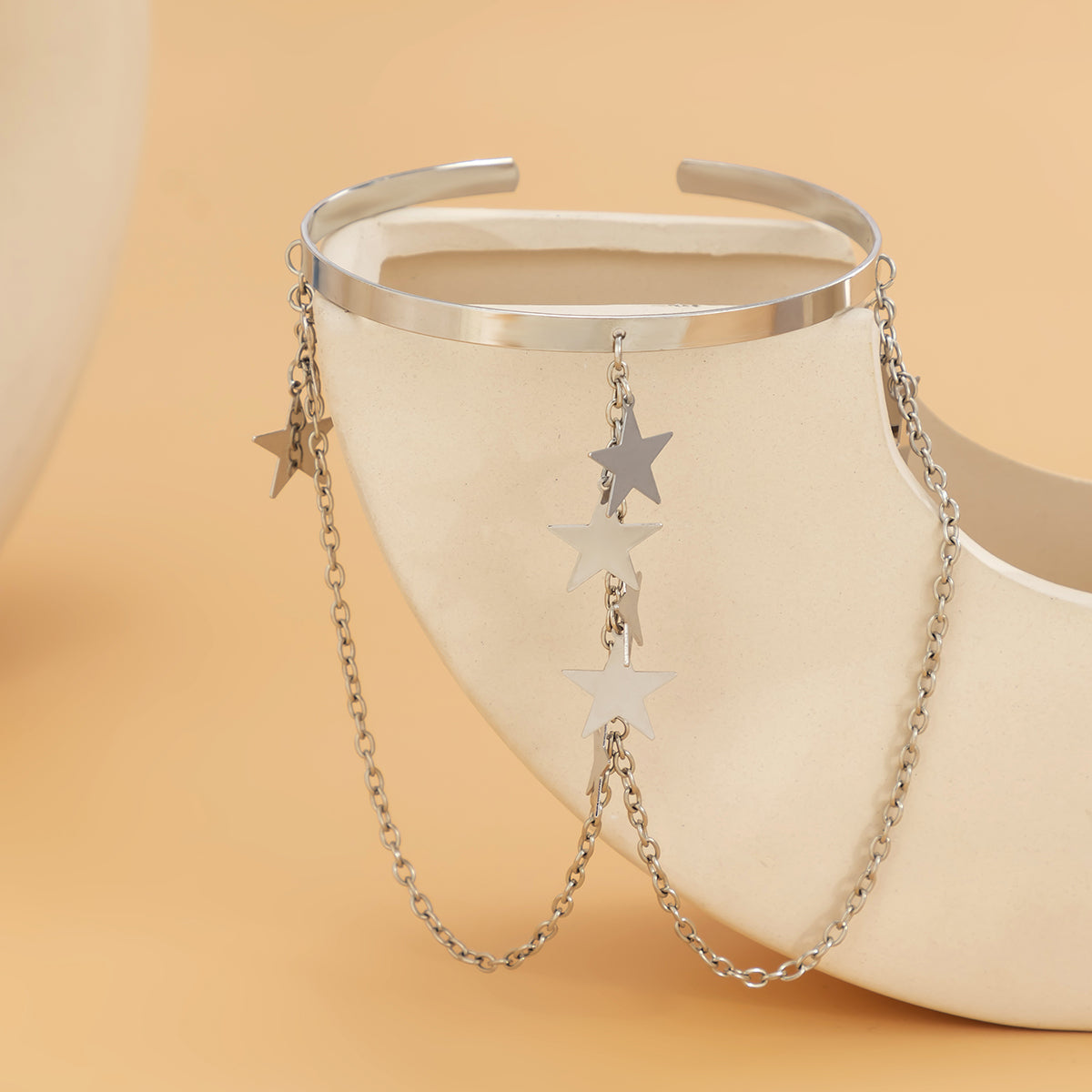 Silver-Plated Star Drop Chain Arm Cuff, vintage-inspired design, side view