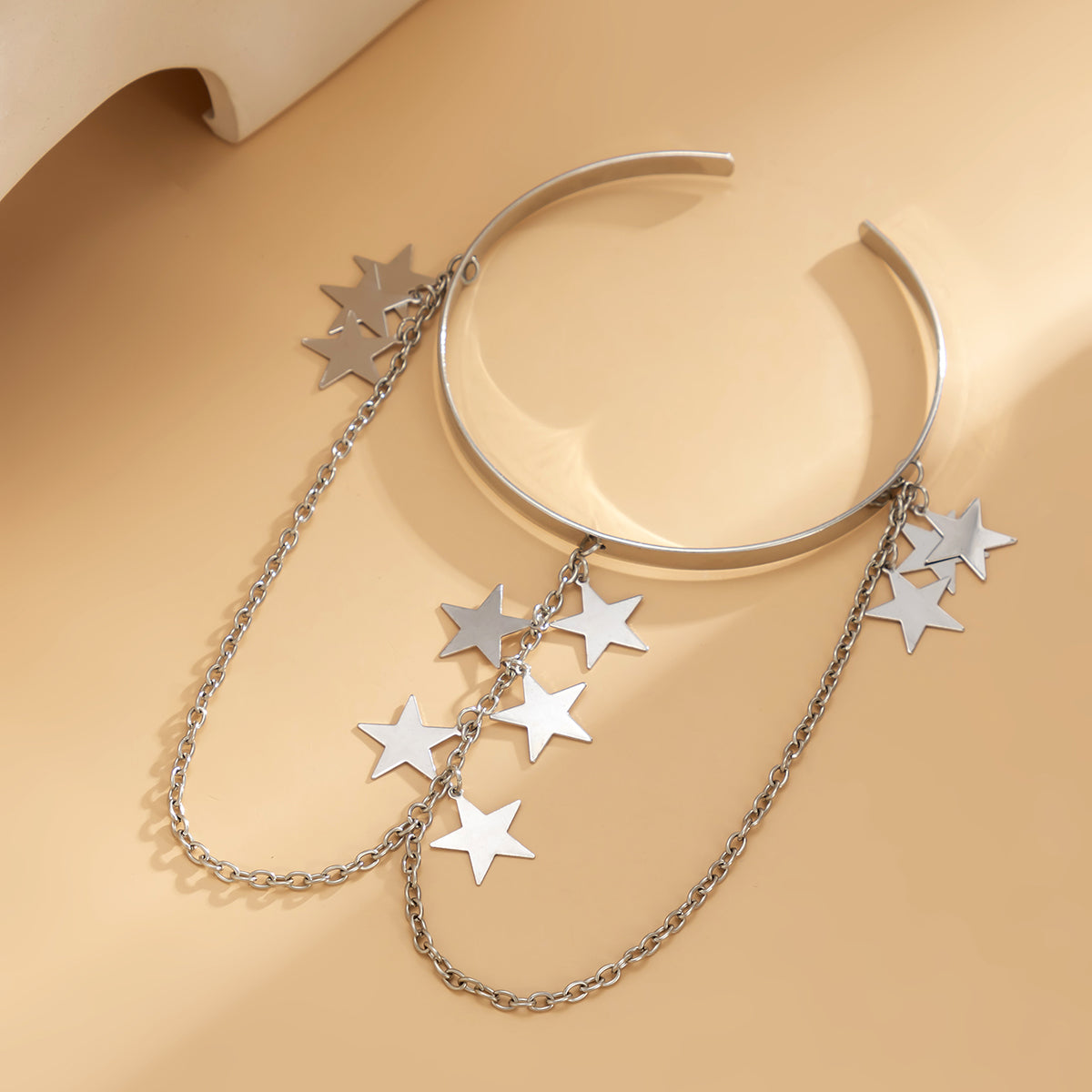 Silver-Plated Star Drop Chain Arm Cuff, vintage-inspired design, detail close-up