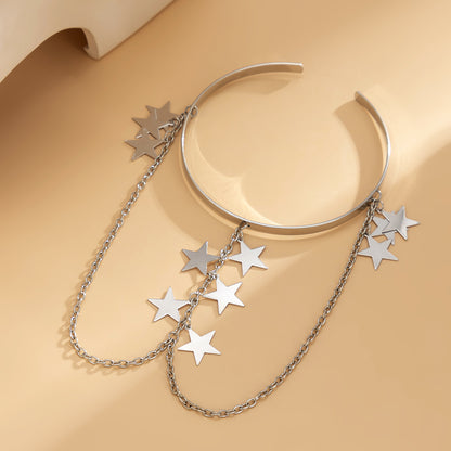 Silver-Plated Star Drop Chain Arm Cuff, vintage-inspired design, detail close-up