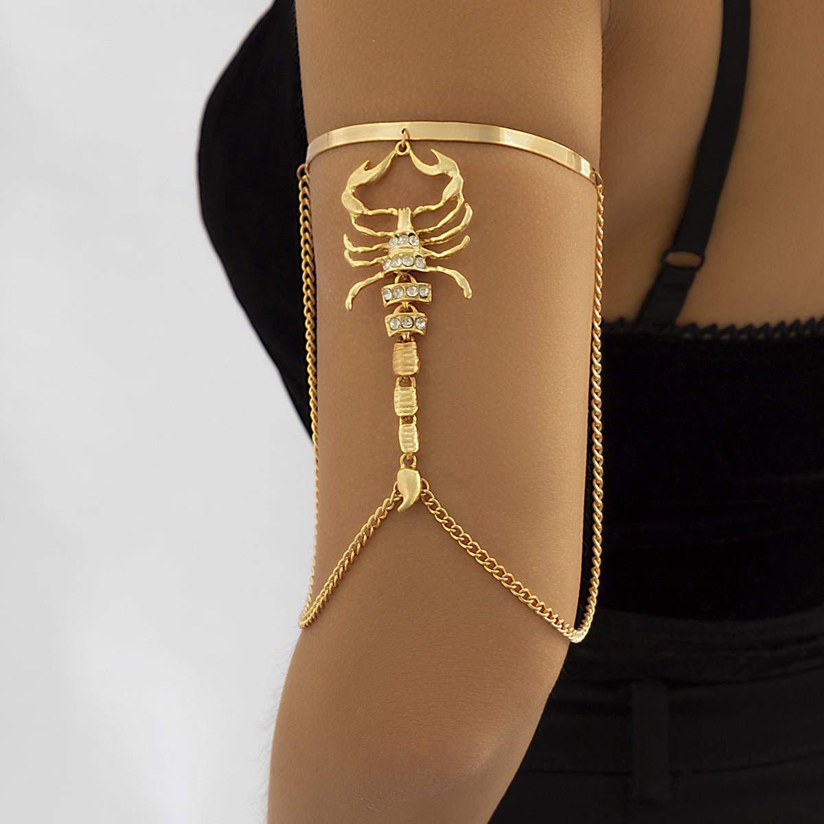 Cubic Zirconia and 18K Gold-Plated Chain Scorpion Arm Cuff, vintage-inspired design, front view
