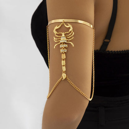 Cubic Zirconia and 18K Gold-Plated Chain Scorpion Arm Cuff, vintage-inspired design, front view