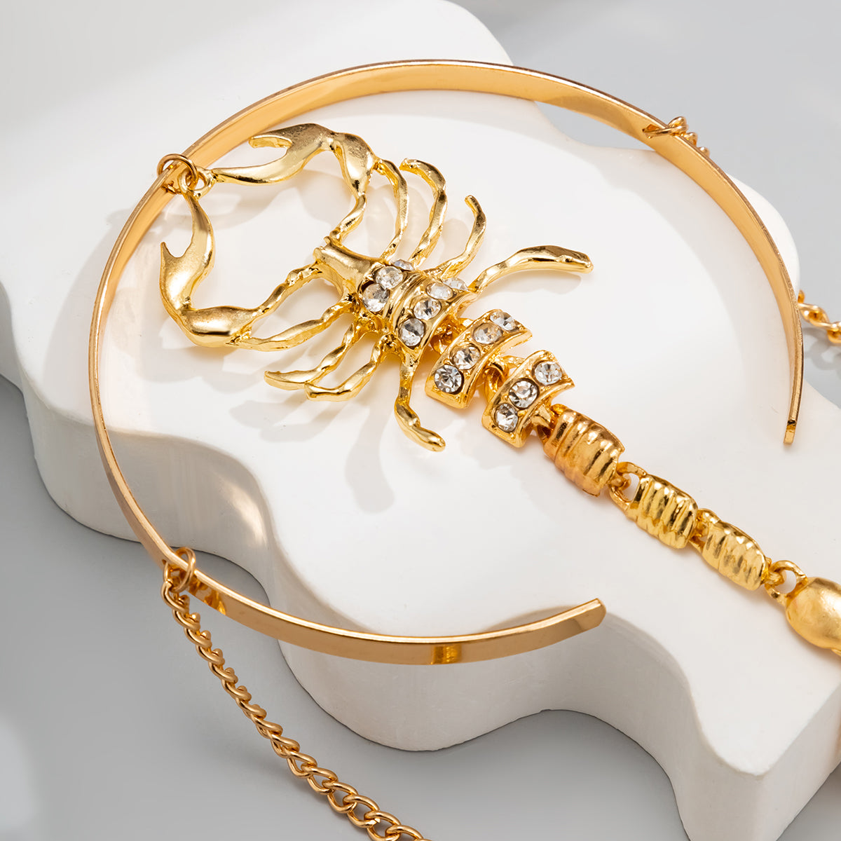 Cubic Zirconia and 18K Gold-Plated Chain Scorpion Arm Cuff, vintage-inspired design, lifestyle look