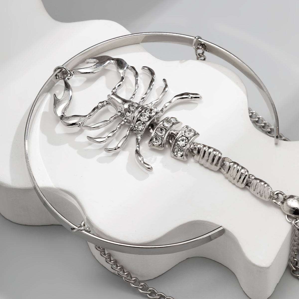 Cubic Zirconia and Silver-Plated Scorpion Chain Arm Cuff, botanical inspired, lifestyle look
