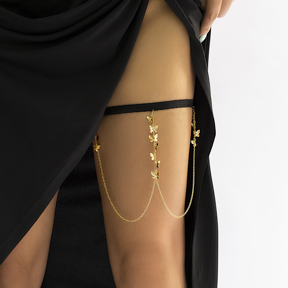 Black Nylon and 18K Gold-Plated Butterfly Leg Chain, gold pendant necklace for women, elegant gift for her, detail close-up