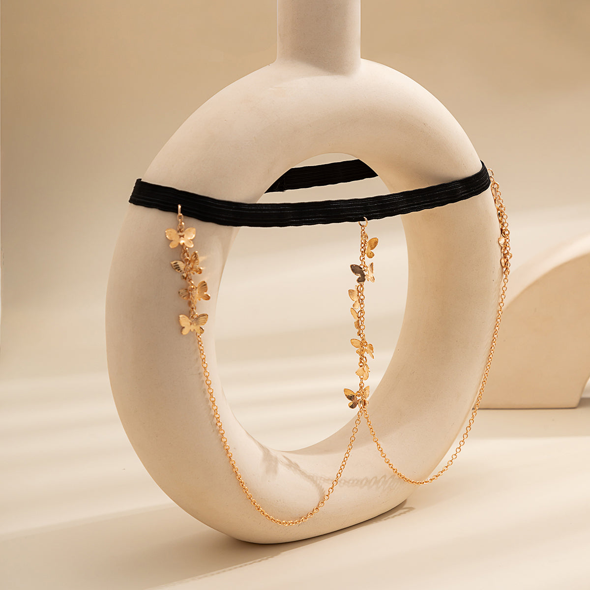 Black Nylon and 18K Gold-Plated Butterfly Leg Chain, gold pendant necklace for women, elegant gift for her, lifestyle look