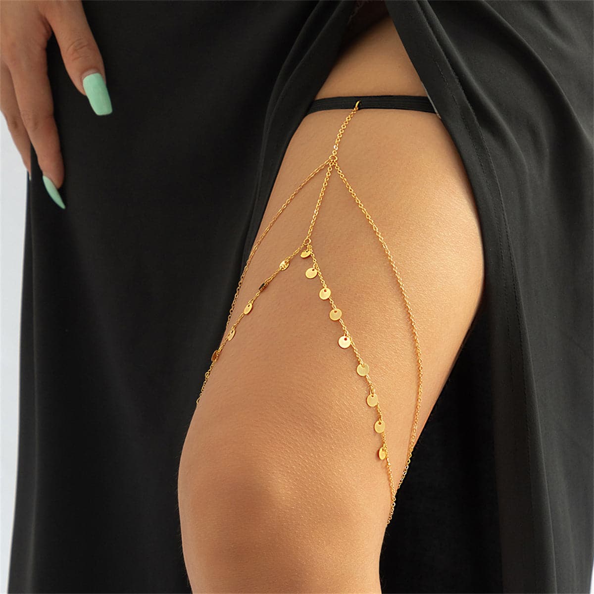 Black Nylon & 18K Gold-Plated Sequin Layered Leg Chain