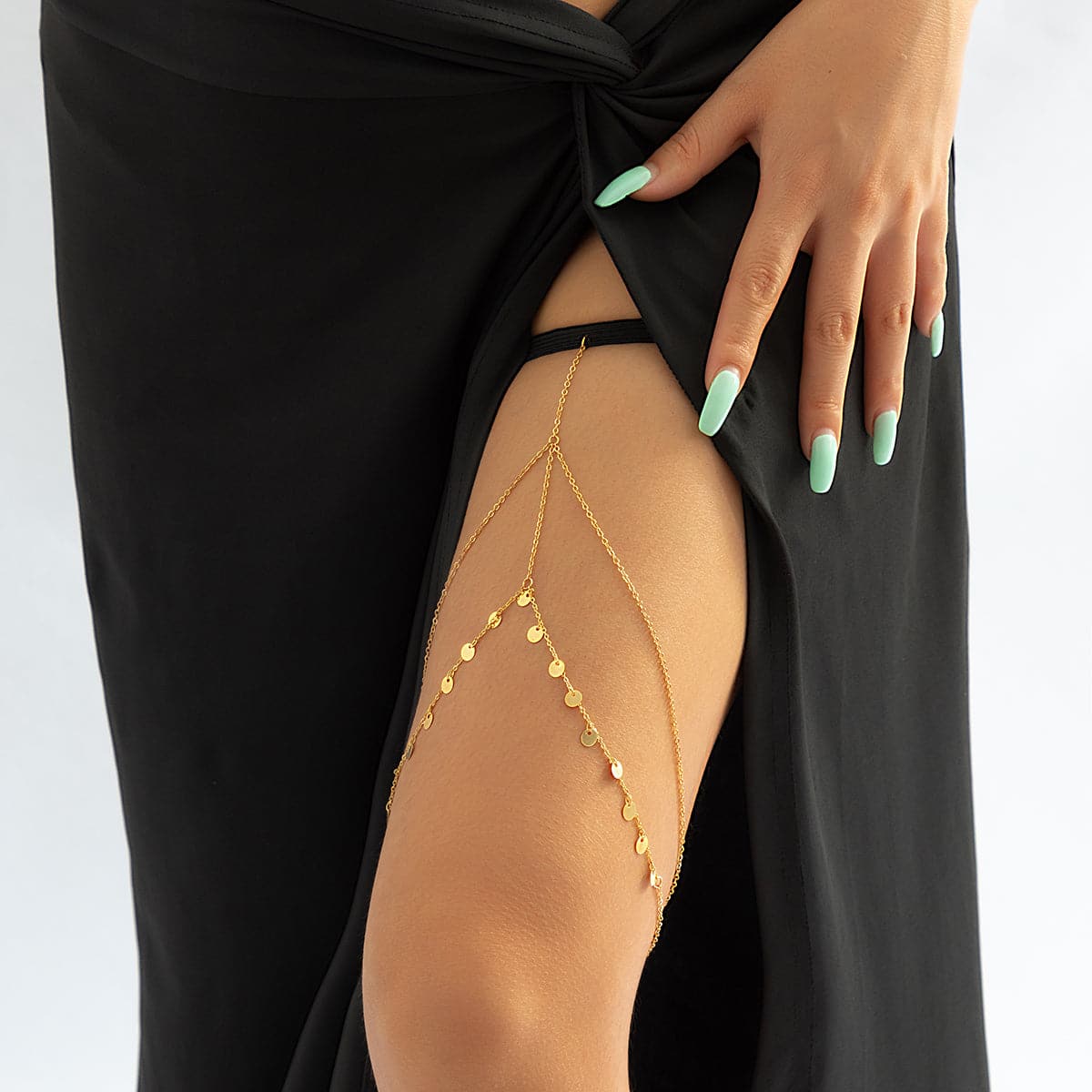 Black Nylon and 18K Gold-Plated Sequin Layered Leg Chain, gold pendant necklace for women, botanical inspired, side view