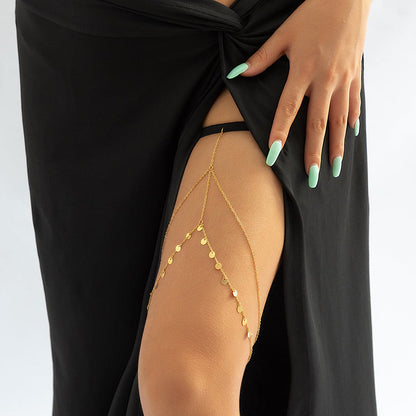 Black Nylon and 18K Gold-Plated Sequin Layered Leg Chain, gold pendant necklace for women, botanical inspired, side view