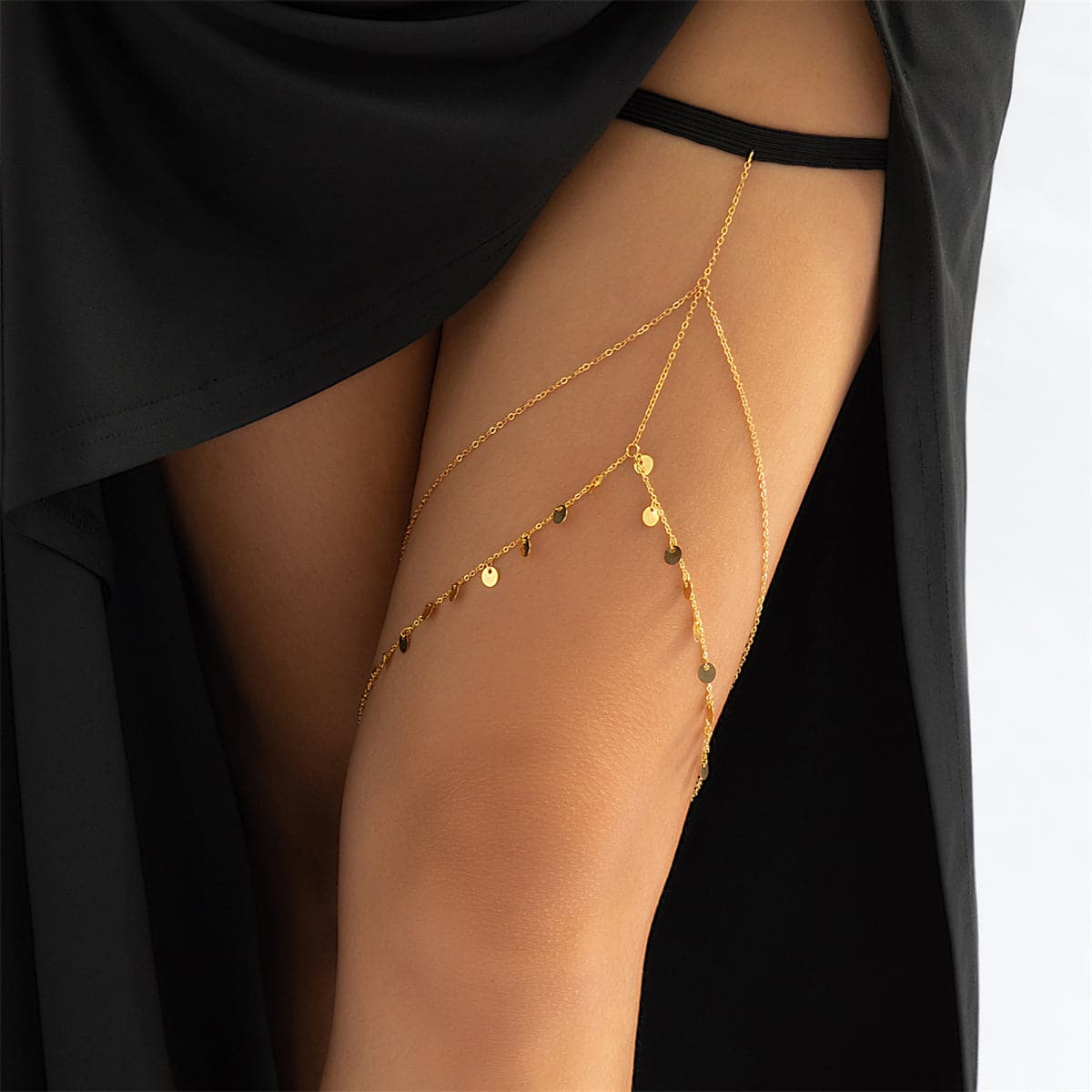 Black Nylon and 18K Gold-Plated Sequin Layered Leg Chain, gold pendant necklace for women, detail close-up