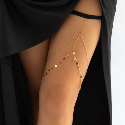 Black Nylon and 18K Gold-Plated Sequin Layered Leg Chain, gold pendant necklace for women, detail close-up