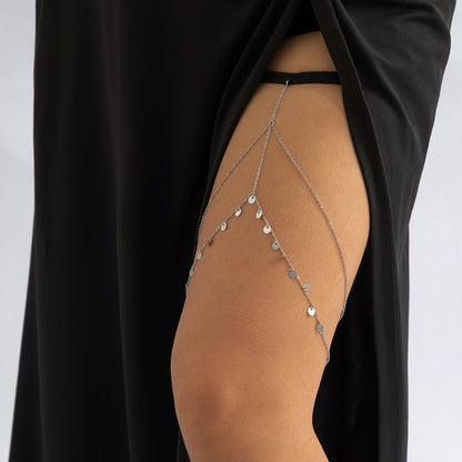 Black Nylon and Silver-Plated Sequin Layered Leg Chain, silver pendant necklace for women, botanical inspired, front view