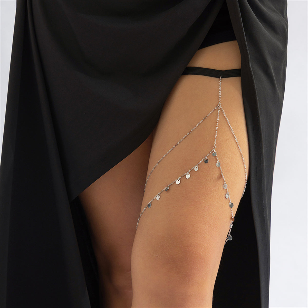 Black Nylon and Silver-Plated Sequin Layered Leg Chain, silver pendant necklace for women, detail close-up