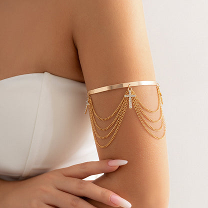 Cubic Zirconia and 18K Gold-Plated Chain Tassel Arm Cuff, everyday style, side view