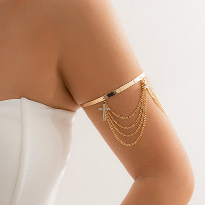 Cubic Zirconia and 18K Gold-Plated Chain Tassel Arm Cuff, everyday style, detail close-up