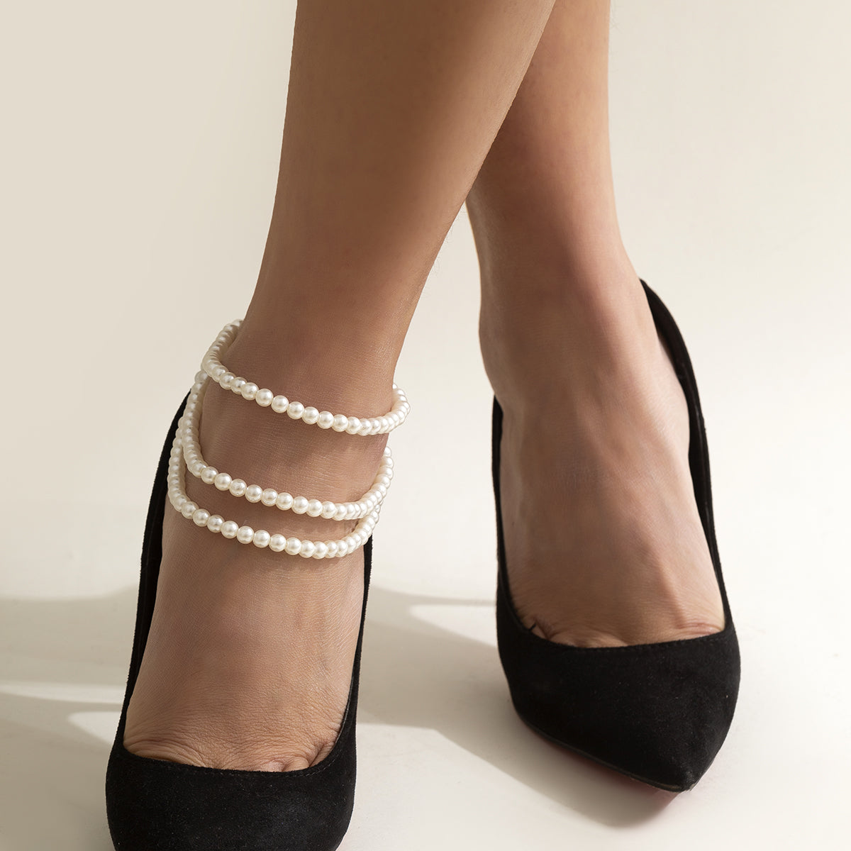 Pearl and Silver-Plated Layered Anklet, silver anklet bracelet, dainty minimalist design, side view