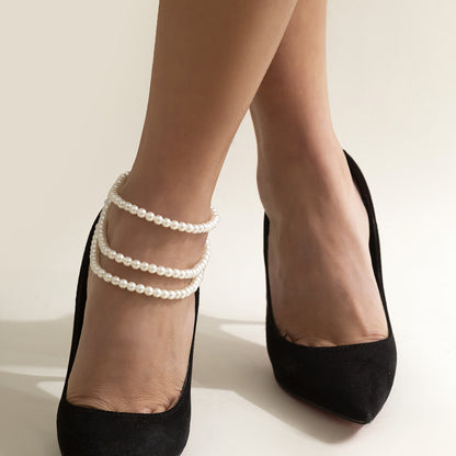 Pearl and Silver-Plated Layered Anklet, silver anklet bracelet, dainty minimalist design, side view