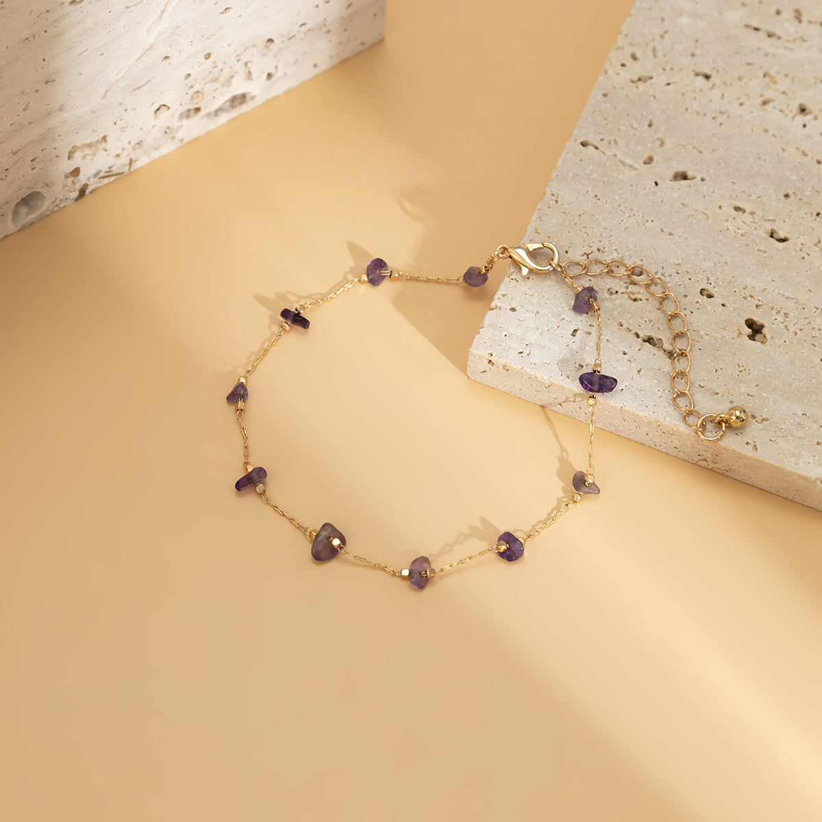 Purple Resin and 18K Gold-Plated Station Anklet, gold anklet bracelet, elegant gift for her, side view