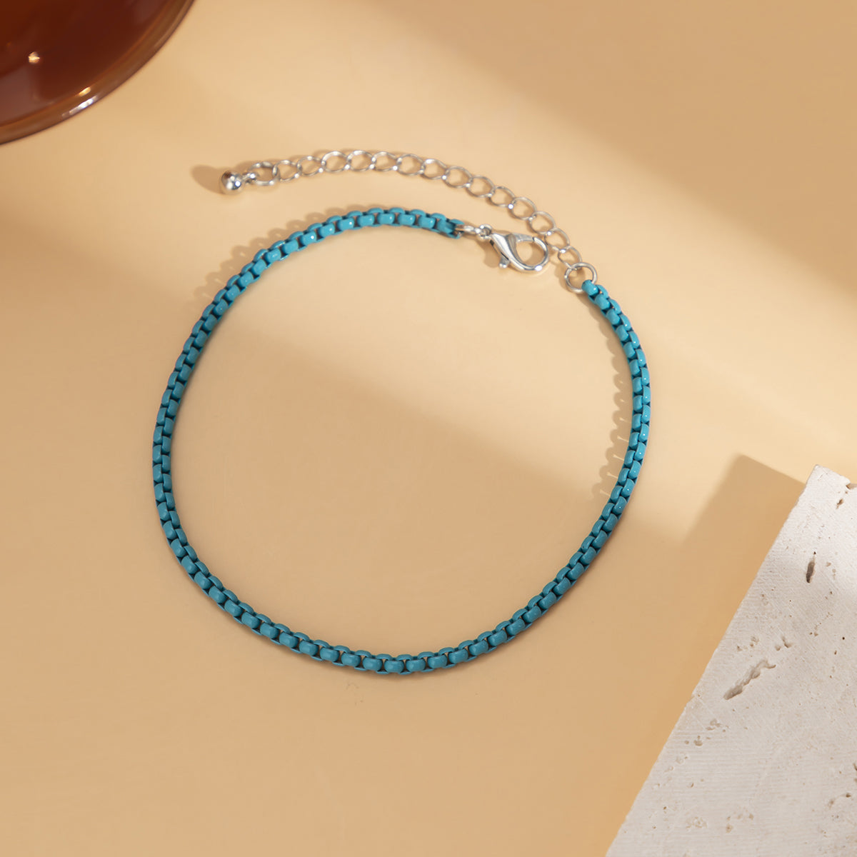 Blue Enamel and Silver-Plated Box Chain Anklet, silver anklet bracelet, elegant gift for her, styled look