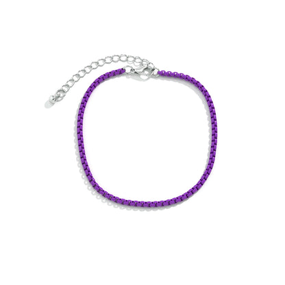 Dark Purple Enamel and Silver-Plated Box Chain Anklet, silver anklet bracelet, everyday style, styled look