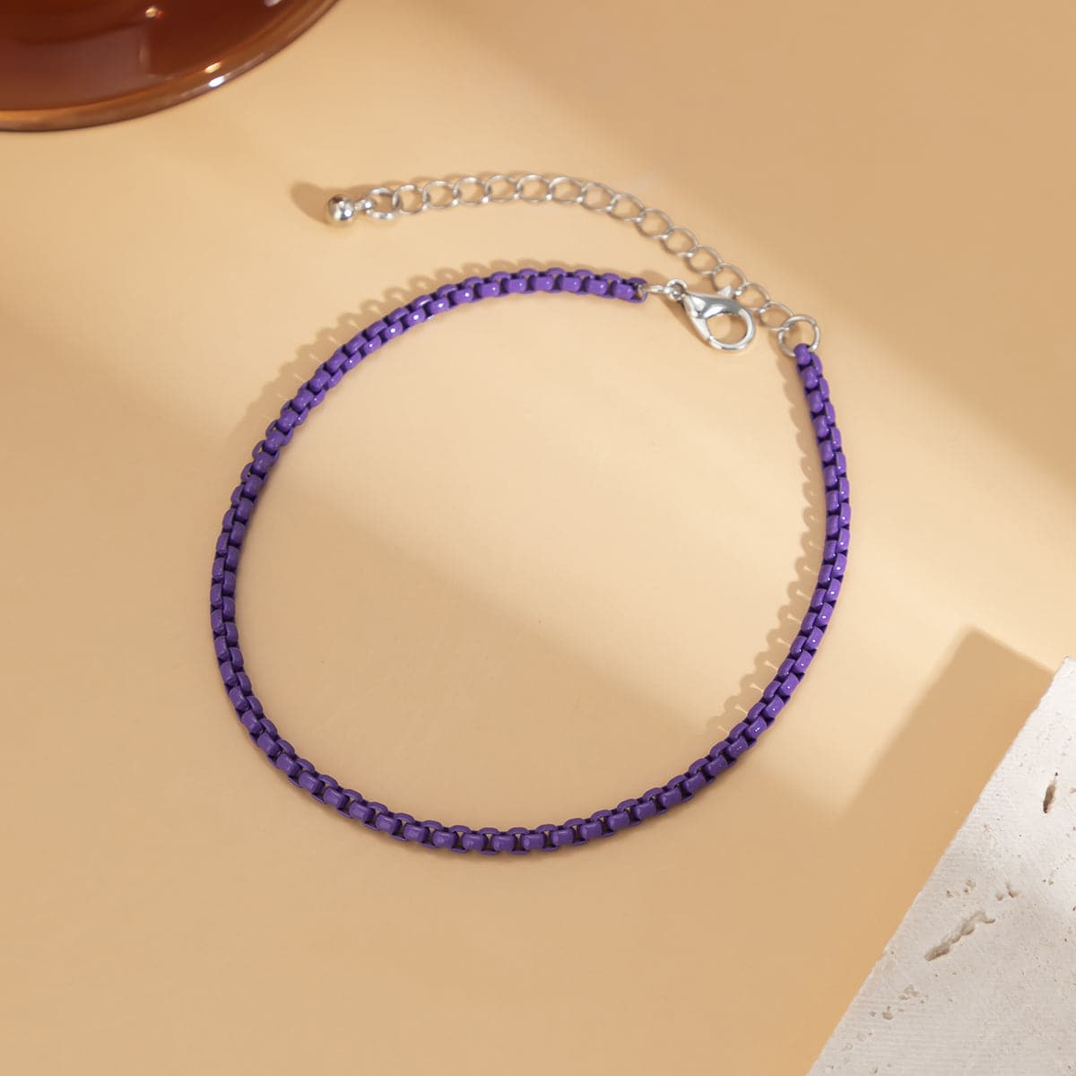 Dark Purple Enamel and Silver-Plated Box Chain Anklet, silver anklet bracelet, everyday style, detail close-up
