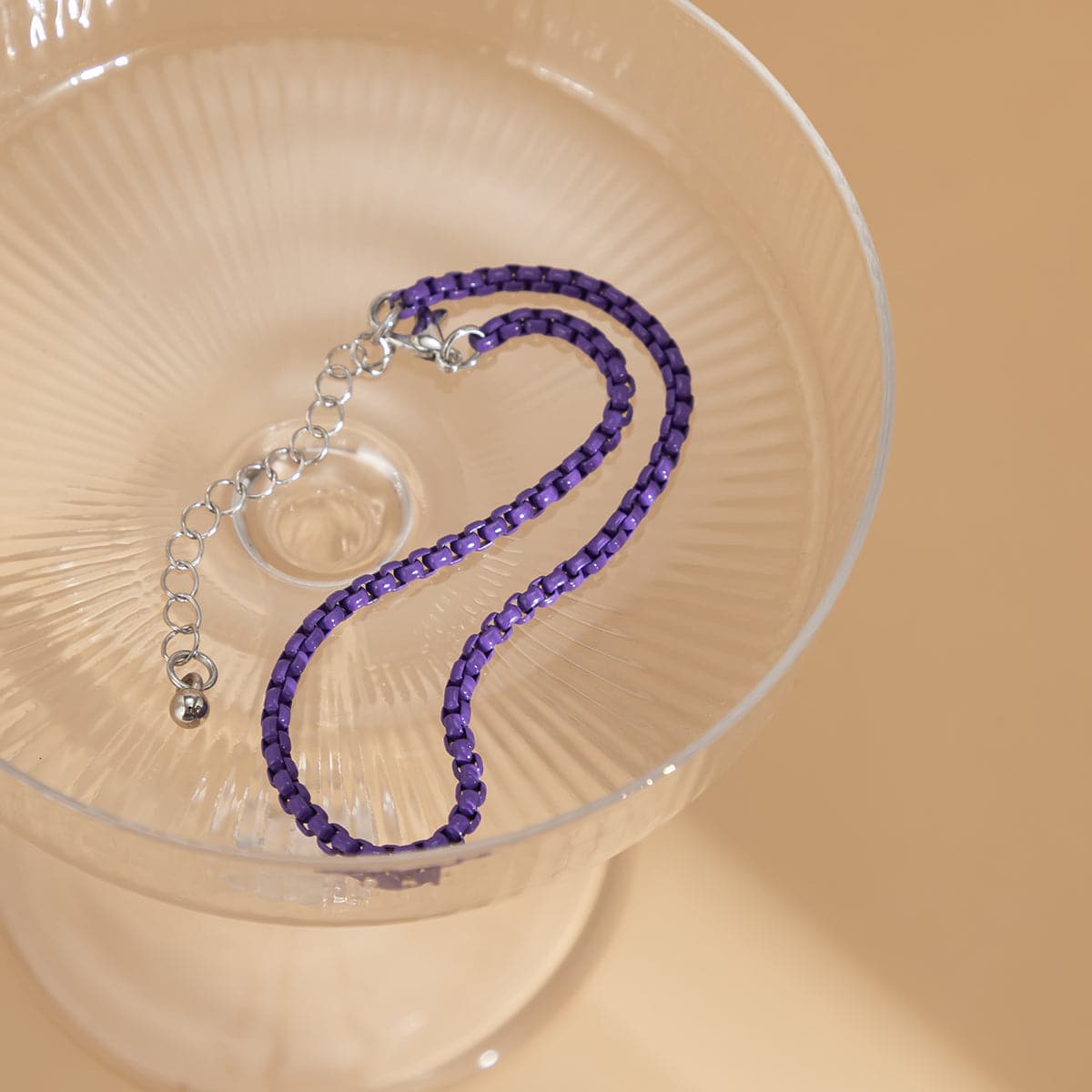 Dark Purple Enamel and Silver-Plated Box Chain Anklet, silver anklet bracelet, everyday style, side view