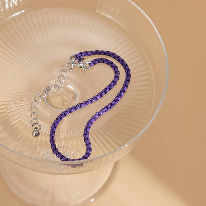 Dark Purple Enamel and Silver-Plated Box Chain Anklet, silver anklet bracelet, everyday style, side view
