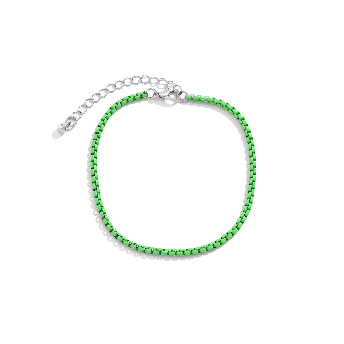Green Enamel and Silver-Plated Box Chain Anklet, silver anklet bracelet, botanical inspired, lifestyle look