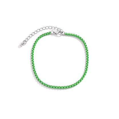 Green Enamel and Silver-Plated Box Chain Anklet, silver anklet bracelet, botanical inspired, lifestyle look