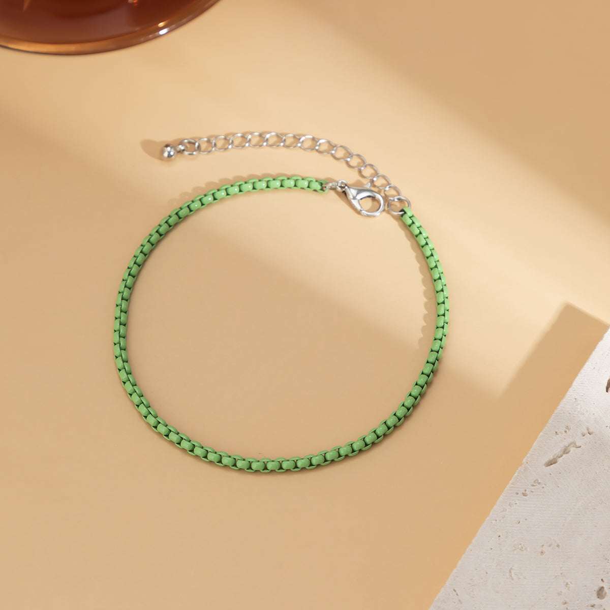 Green Enamel & Silver-Plated Box Chain Anklet